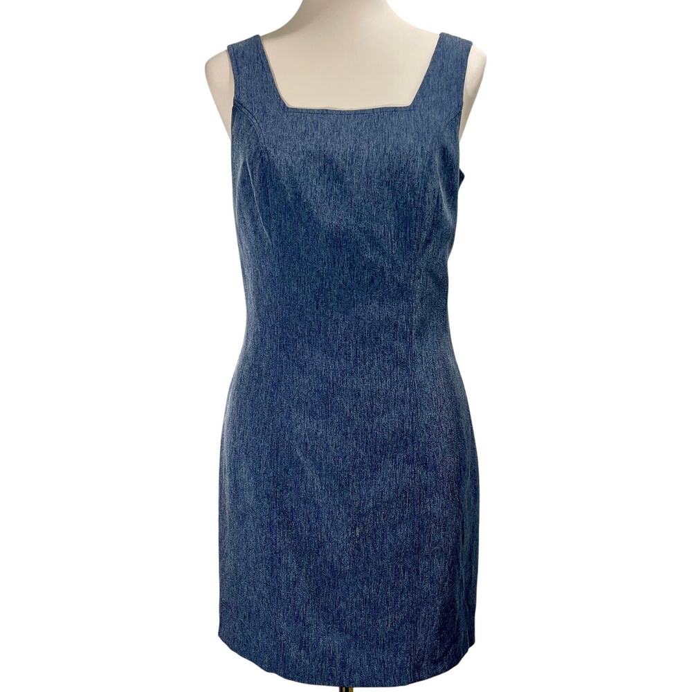 Vintage 90s Sleeveless Sheath Mini Dress Silvia Okon Blue Textured Size 10/12